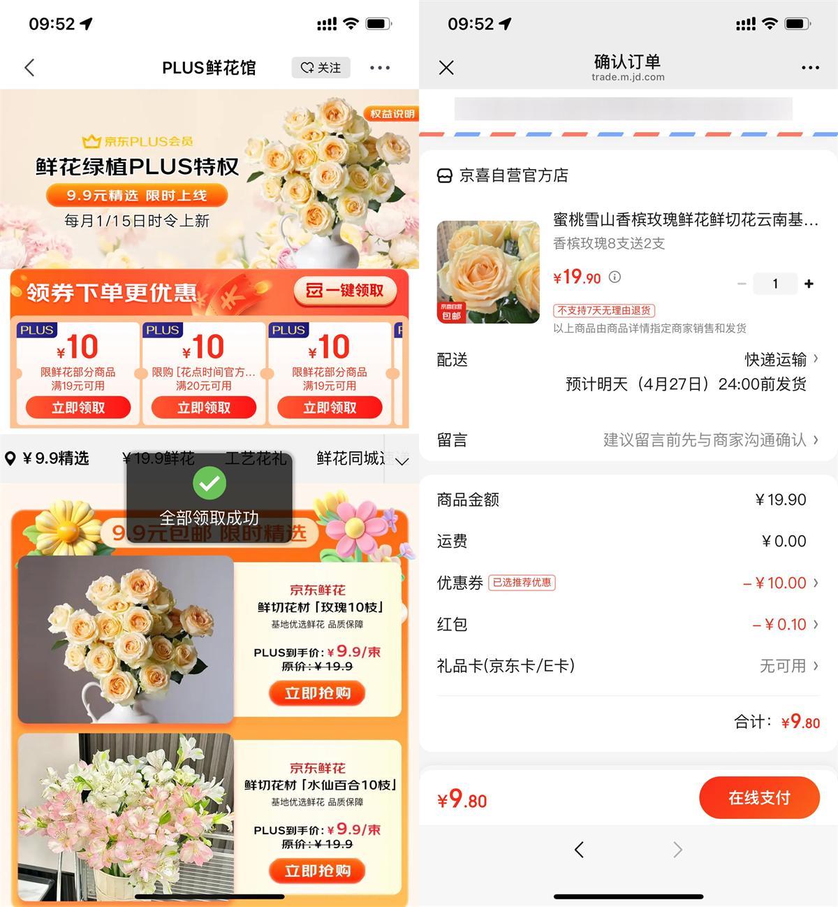 京东PLUS领券9.9亓买鲜花-空域资源网