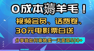 0成本薅羊毛!视频会员、话费卷、30元电影票白送，分享我如何靠转卖一天变现5张+【揭秘】-空域资源网