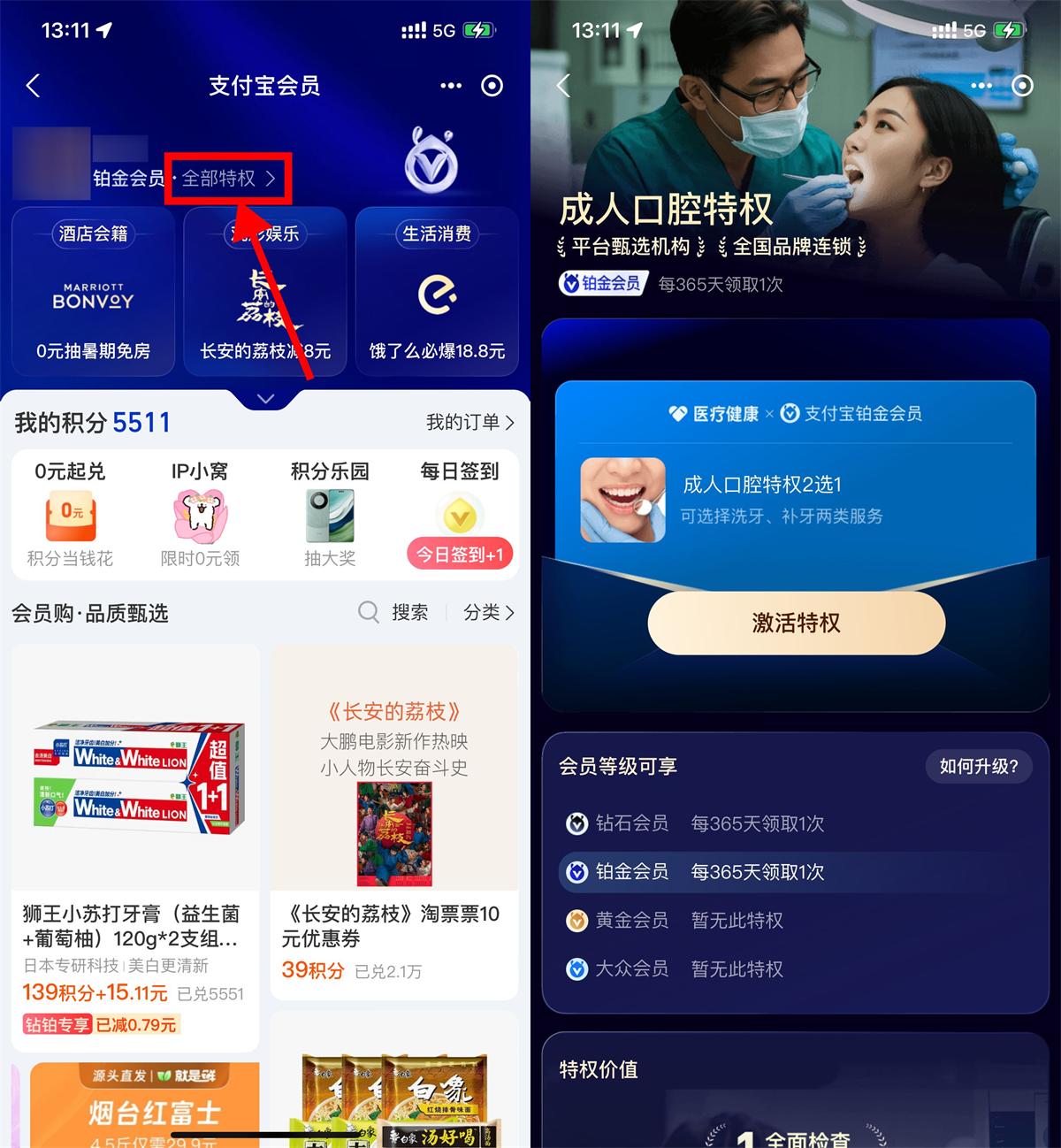 支付宝铂金钻石会员免费洗牙-空域资源网