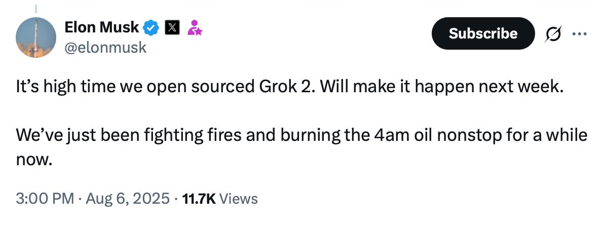 马斯克宣布下周开源Grok 2