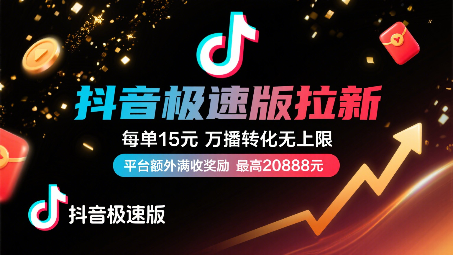 抖音极速版放福利，每单15元，万播转化无上限，平台额外满收奖励，最高可领20888元-空域资源网