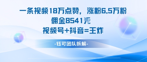 一条视频18W点赞，涨粉6.5W粉佣金8541米，视频号+抖音=王炸-空域资源网