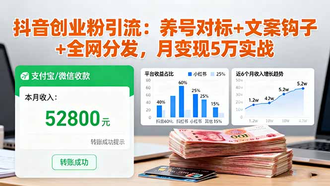 抖音创业粉引流:养号对标+文案钩子+全网分发,月变现5万实战-空域资源网