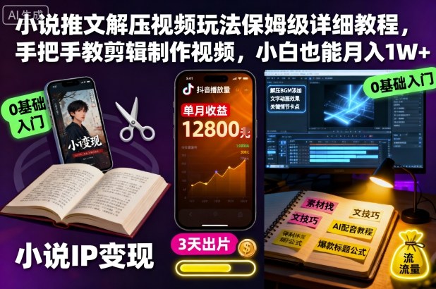 小说推文解压视频玩法保姆级详细教程，手把手教剪辑制作视频，小白也能月入1W+-空域资源网