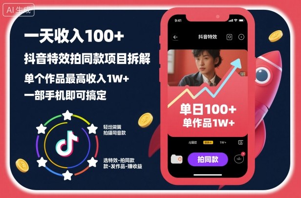 一天收入100+，抖音特效拍同款项目拆解，单个作品最高收入1W+，一部手机即可搞定-空域资源网